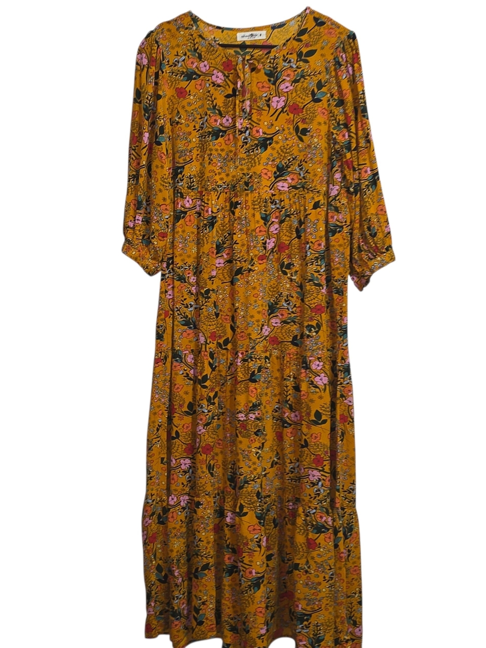Natural Life Nova Maxi Dress Mustard Pink Poppy Floral Boho Tiered Rayon Size M
